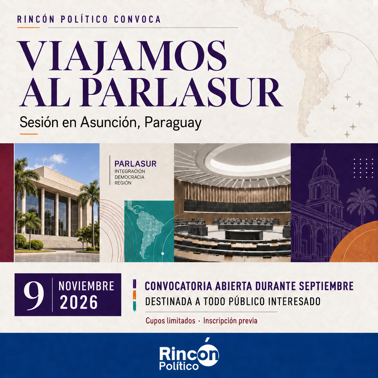 Flyer de la convocatoria para asistir a la sesión del Parlasur en Asunción, Paraguay, el 9 de noviembre de 2026