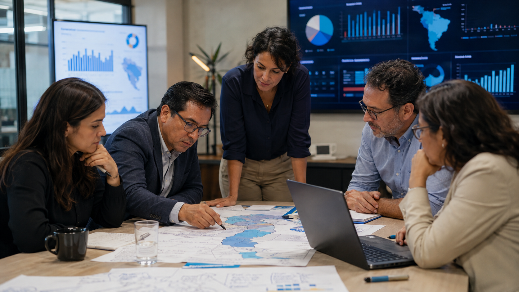 Equipo de estrategia política analizando datos y territorio
