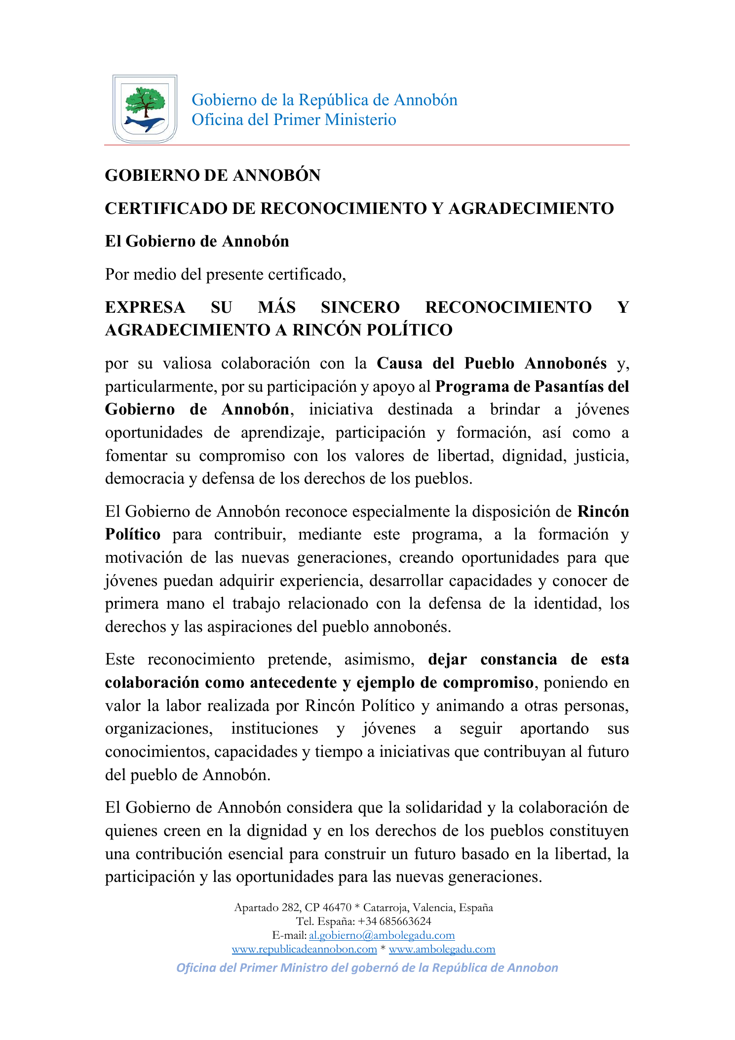 Portada del certificado de reconocimiento del Gobierno de Annobón a Rincón Político